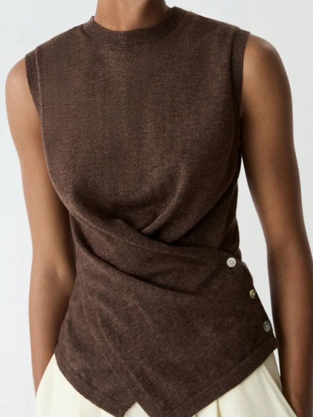 Coffee Brown Casual Women's Elegant Soft Pullover Side Button Knit Top